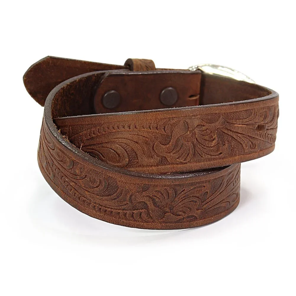 Justin Kids Tooled Western Belt Champion Buckle Brown Cowhide Leather Sz 24 USA